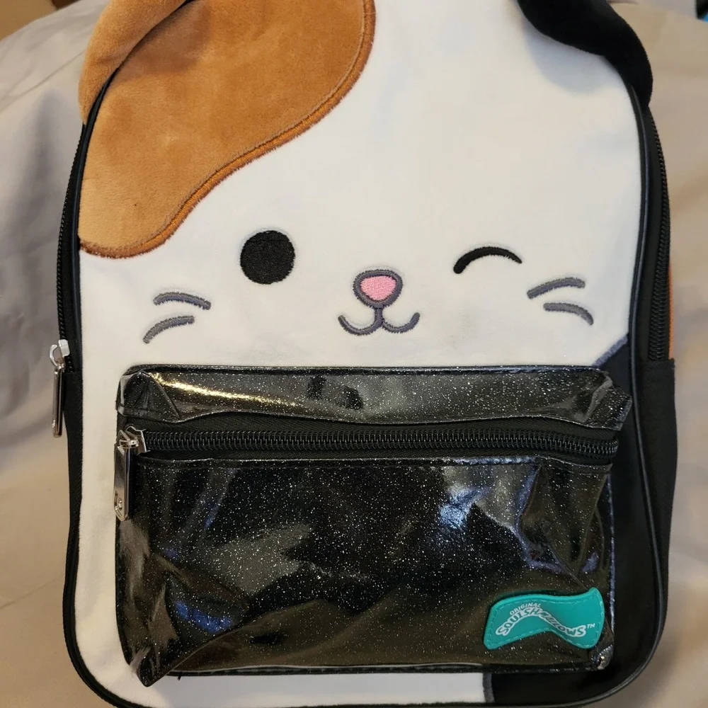 Squishmallows Cam the Cat Plush Mini Backpack‎ White Black Brown Glitter Pocket